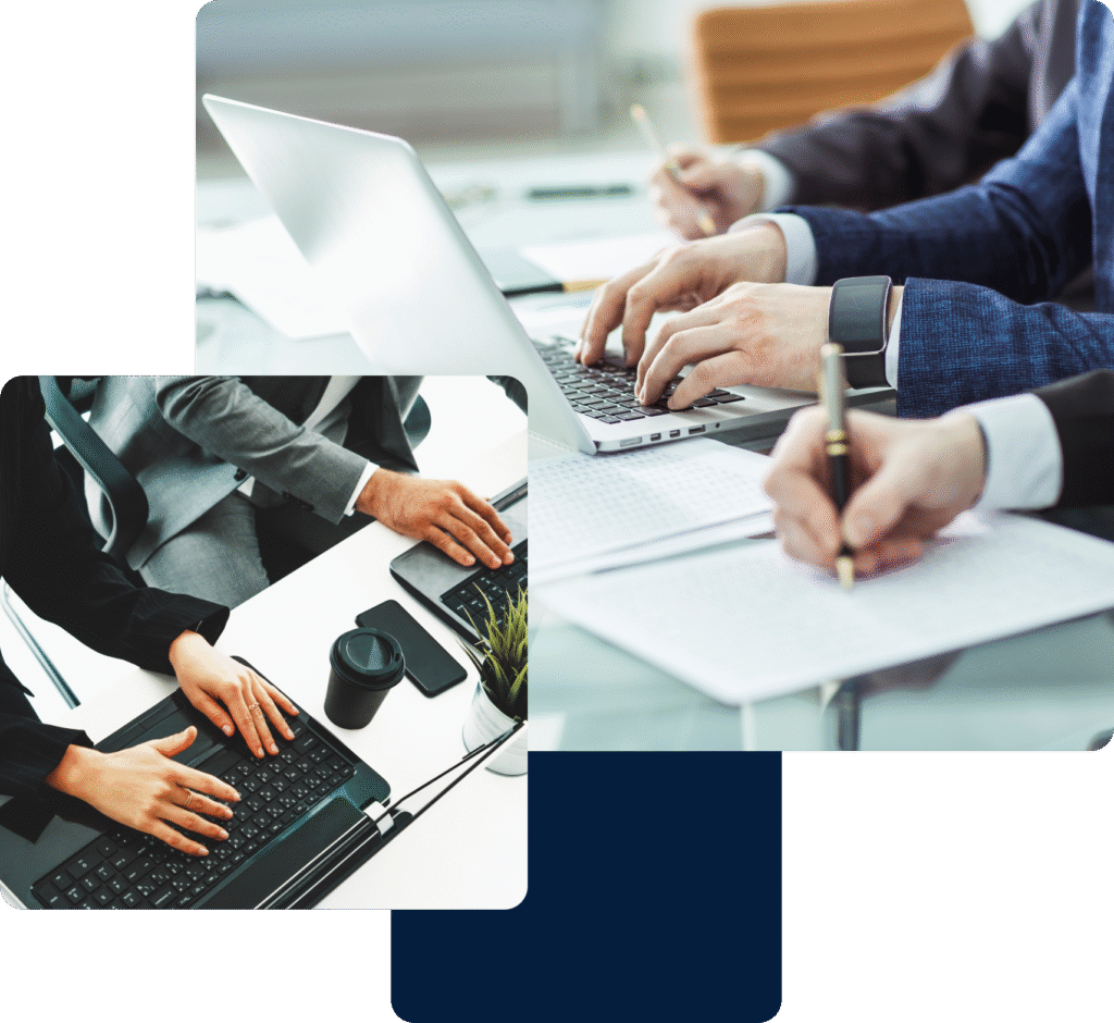 Collage von arbeitenden Büro-Mitarbeitern – symbolisiert Teamarbeit, Büroalltag und professionelle Zusammenarbeit bei text-klar